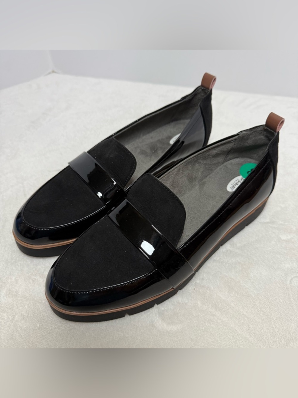 Dr. Scholl's Black Patent and Suede Loafers with Tan Accent